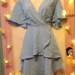 Pleated wrap front (XL) Tulip Hem Dress in Blue